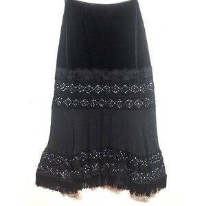 VTG Skirt Black Velvet boho fringed beaded Maxi 90s Michelle Antonelli elastic